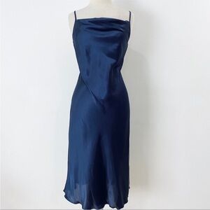 Bebe satin effect spaghetti strap cowl neck midi  dress in navy